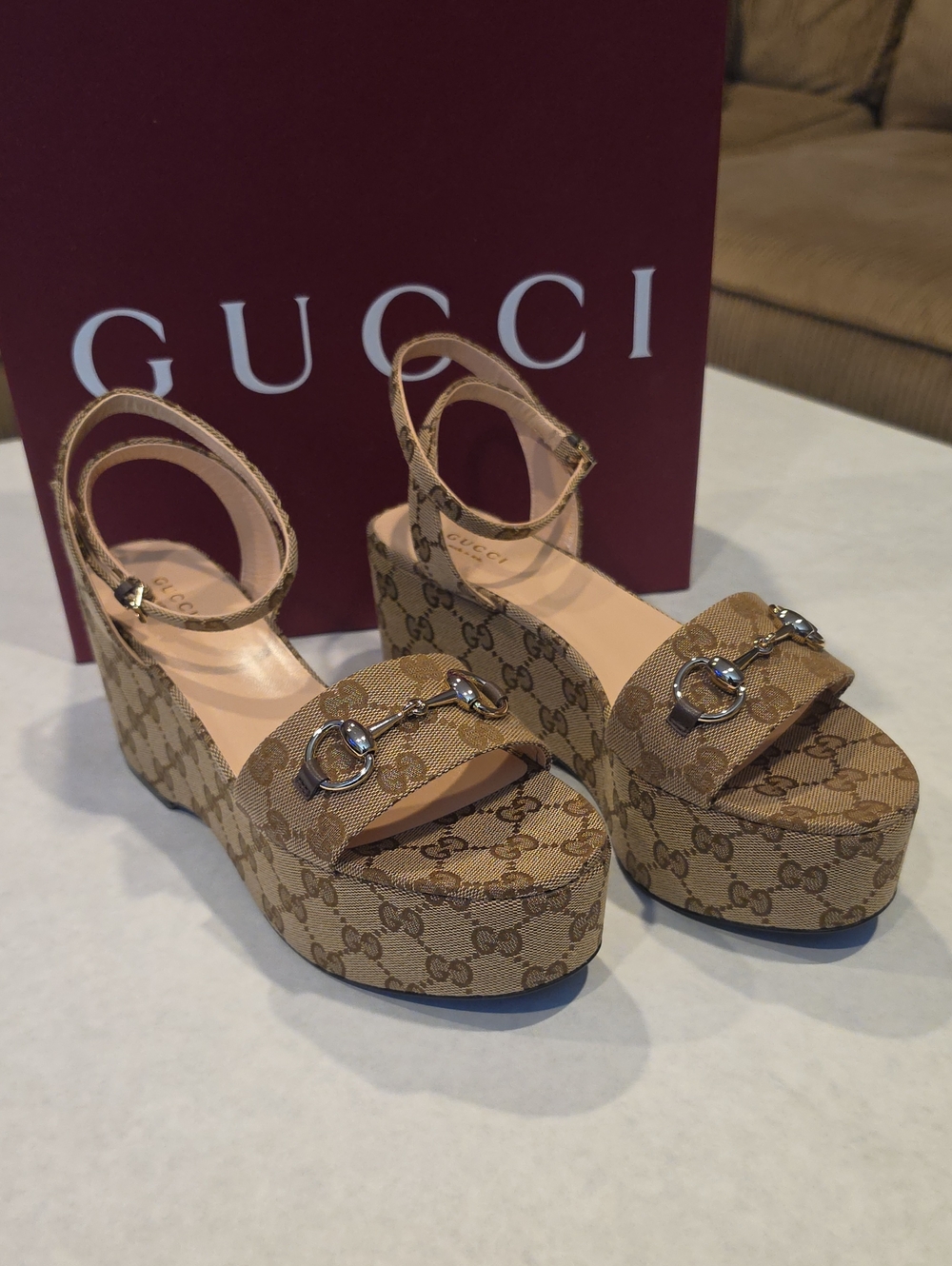 Gucci Brown GG Canvas Platform Wedge Sandals with Horsebit
